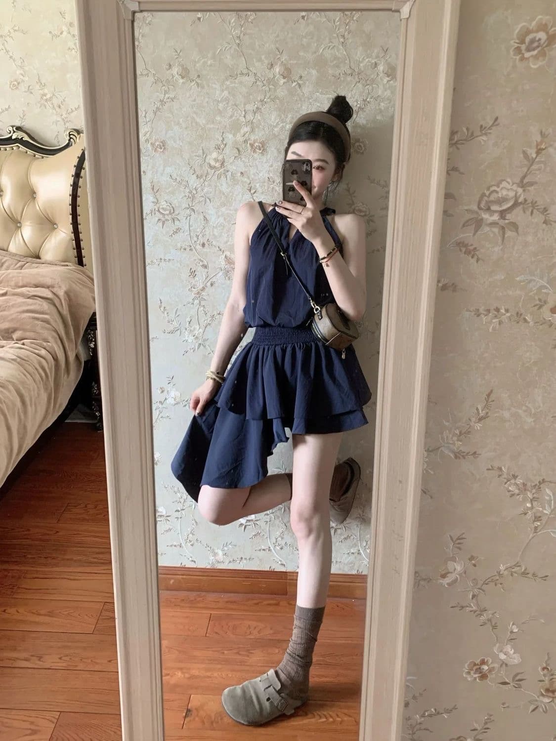 순수한 욕망 섹시함 핫걸 민소매 행침 목 여성 드레스 프랑스식 품격 작은 대중 디자인 센스 불규칙 슬립 미니 스커트 상세 이미지 5