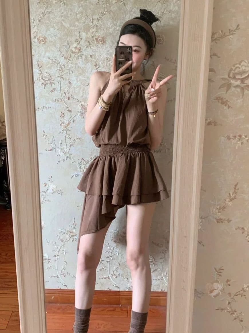 순수한 욕망 섹시함 핫걸 민소매 행침 목 여성 드레스 프랑스식 품격 작은 대중 디자인 센스 불규칙 슬립 미니 스커트 상세 이미지 8