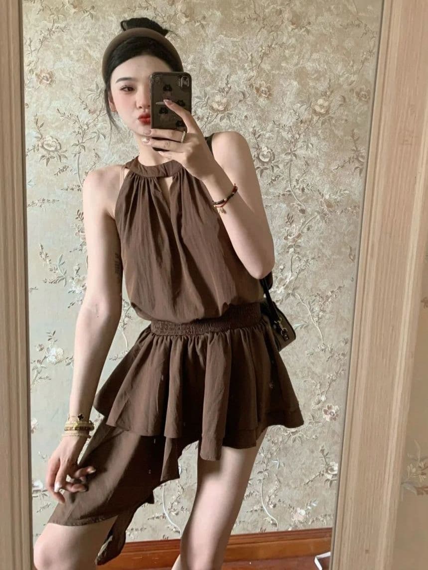 순수한 욕망 섹시함 핫걸 민소매 행침 목 여성 드레스 프랑스식 품격 작은 대중 디자인 센스 불규칙 슬립 미니 스커트 상세 이미지 9