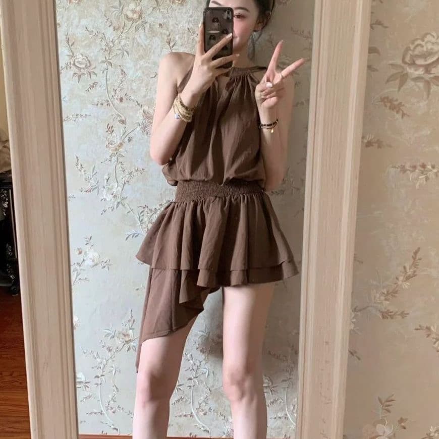 순수한 욕망 섹시함 핫걸 민소매 행침 목 여성 드레스 프랑스식 품격 작은 대중 디자인 센스 불규칙 슬립 미니 스커트 상세 이미지 10