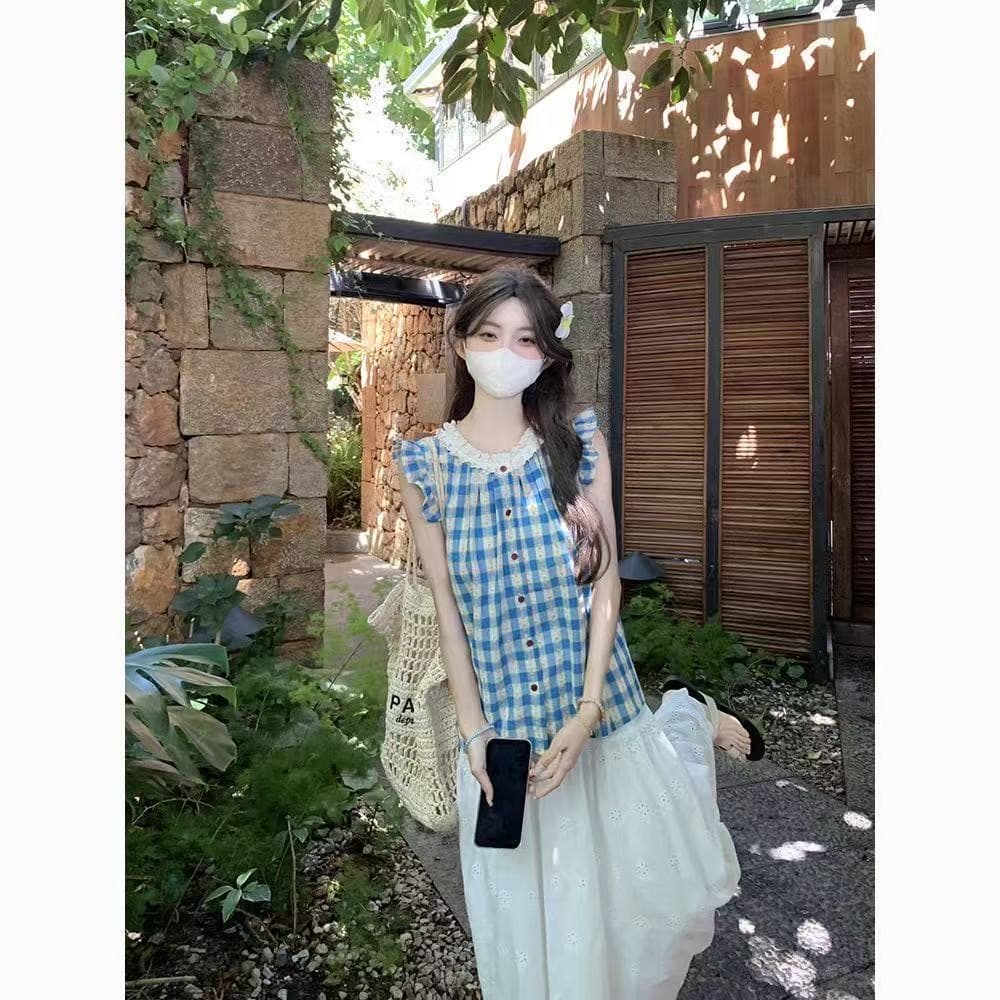 하늘색 체크무늬 작은 날다 소매 쇼트 스타일 맨위 여성 여름 프랑스식 인형 셔츠 밝은 색상 민소매 케이크 드레스 매칭 셔츠 이미지 4