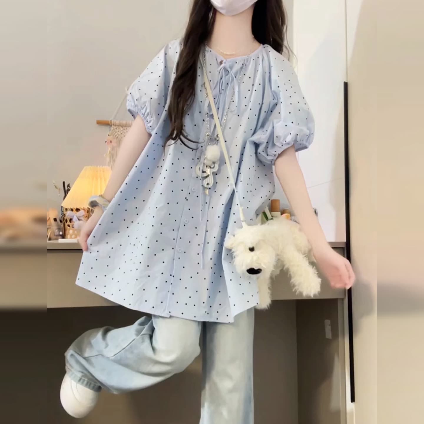 여름 새로운 라운드 넥 루즈핏 도트 무늬 반팔 셔츠 연령 감소 달콤함 프랑스식 거품 소매 맨위