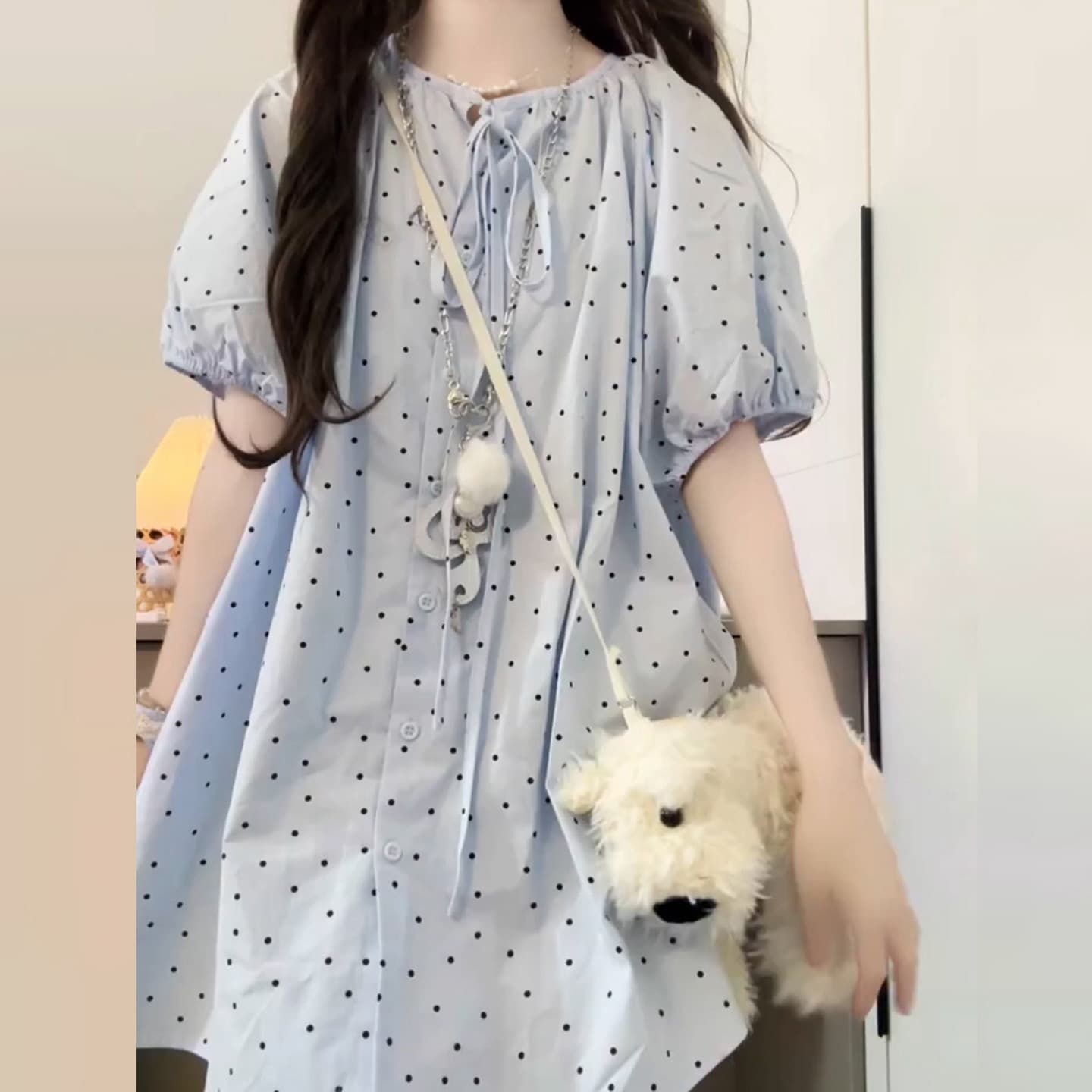 여름 새로운 라운드 넥 루즈핏 도트 무늬 반팔 셔츠 연령 감소 달콤함 프랑스식 거품 소매 맨위 이미지 2