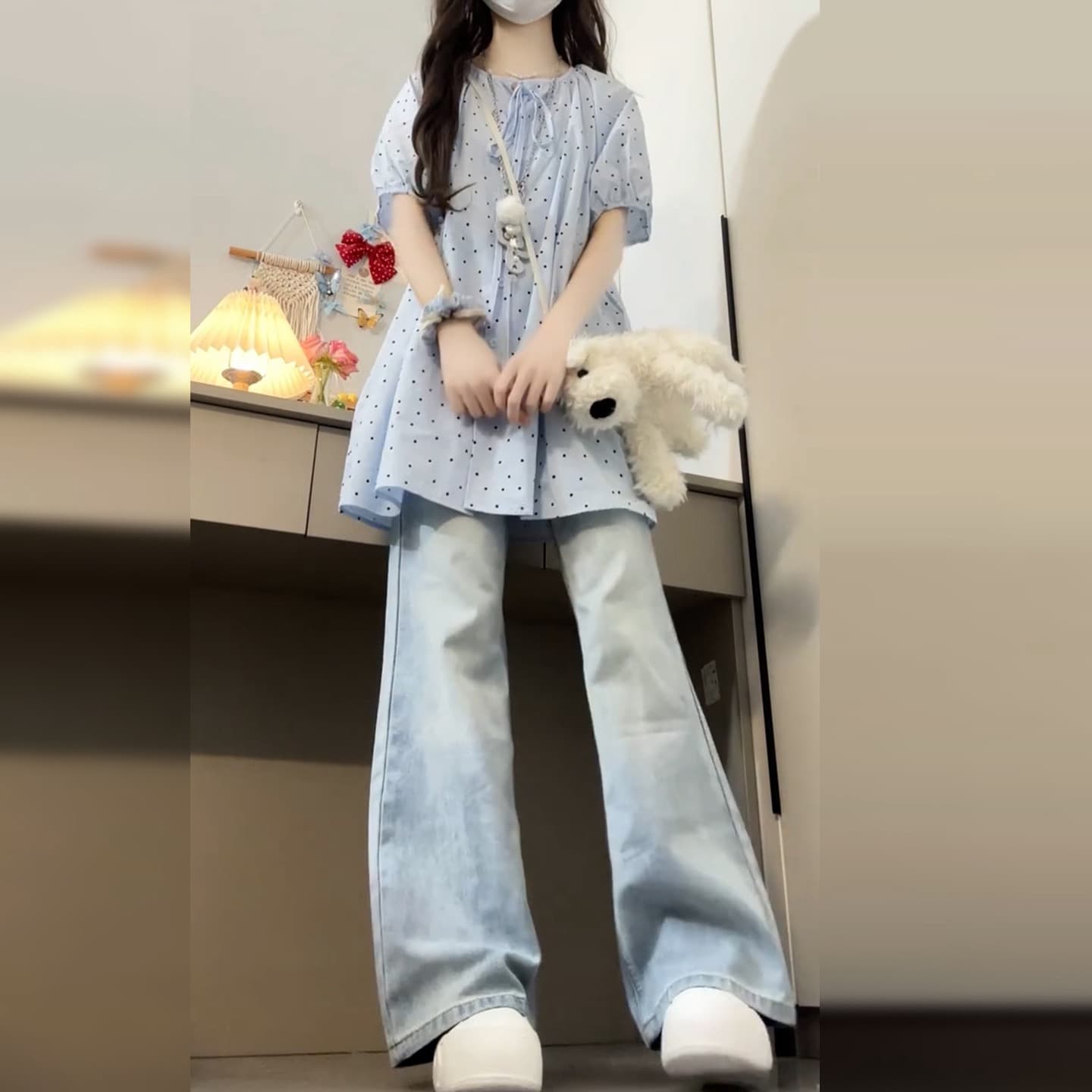 여름 새로운 라운드 넥 루즈핏 도트 무늬 반팔 셔츠 연령 감소 달콤함 프랑스식 거품 소매 맨위 이미지 3