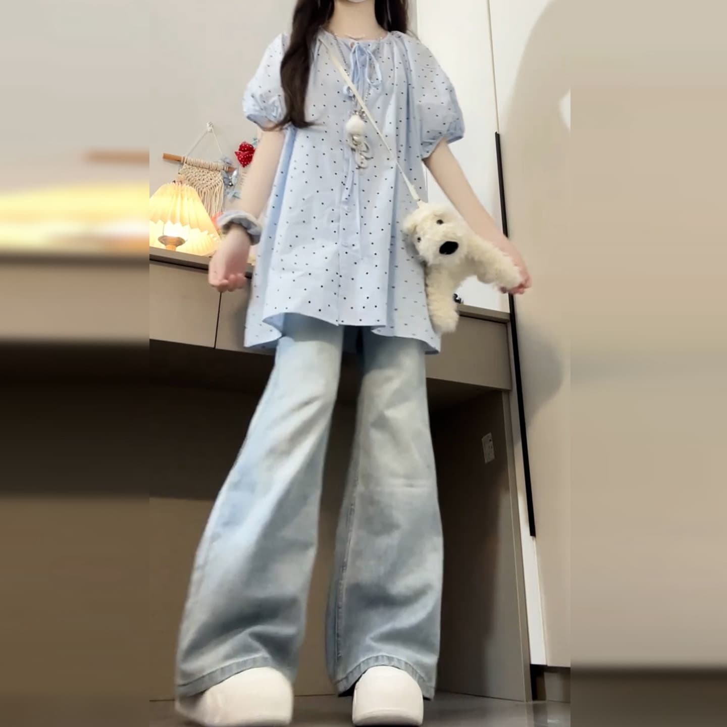여름 새로운 라운드 넥 루즈핏 도트 무늬 반팔 셔츠 연령 감소 달콤함 프랑스식 거품 소매 맨위 이미지 4