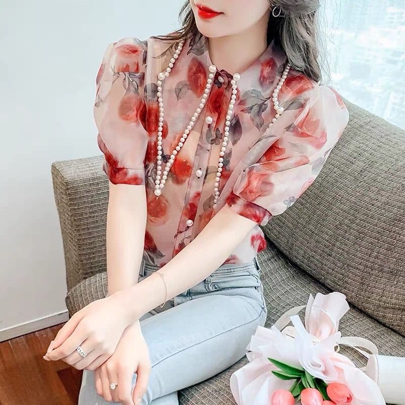 무거운 작업 비즈 박기 포인터 칼라 꽃무늬 쉬폰 여성 셔츠 2025 여름 새로운 루즈핏 외국 가스 거품 소매 달콤함 맨위