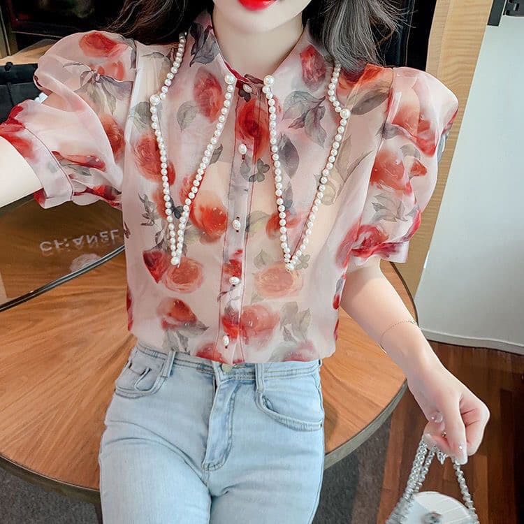 무거운 작업 비즈 박기 포인터 칼라 꽃무늬 쉬폰 여성 셔츠 2025 여름 새로운 루즈핏 외국 가스 거품 소매 달콤함 맨위 이미지 3