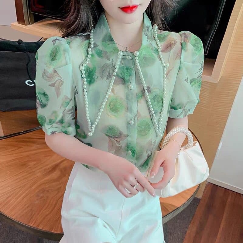 무거운 작업 비즈 박기 포인터 칼라 꽃무늬 쉬폰 여성 셔츠 2025 여름 새로운 루즈핏 외국 가스 거품 소매 달콤함 맨위 이미지 4