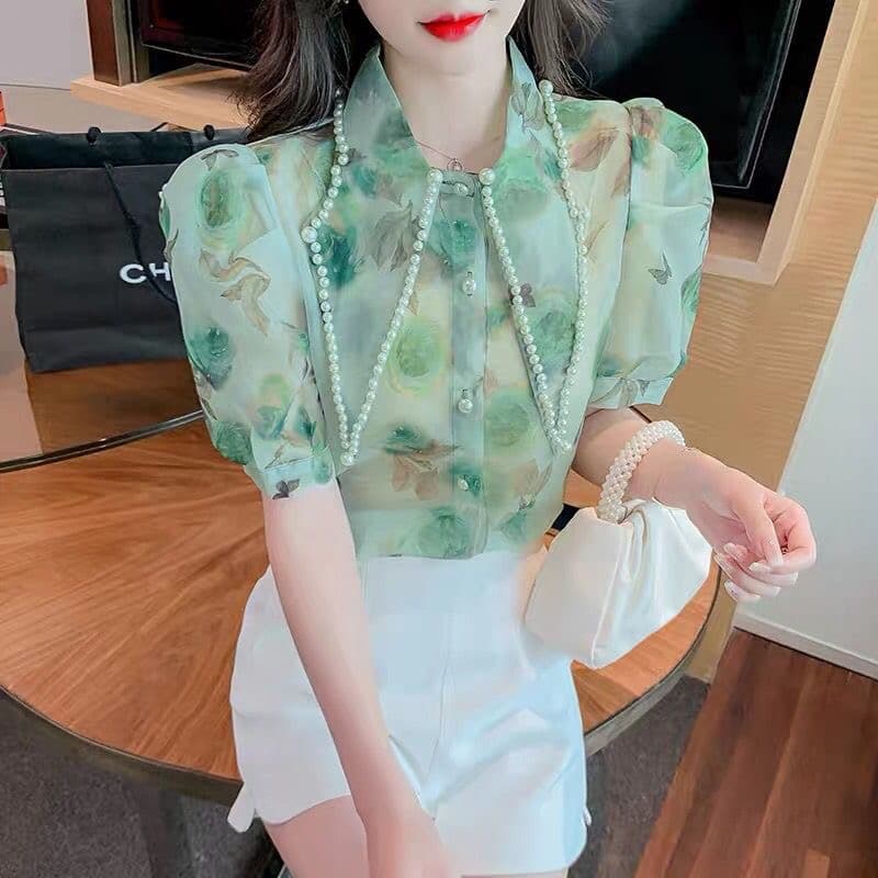 무거운 작업 비즈 박기 포인터 칼라 꽃무늬 쉬폰 여성 셔츠 2025 여름 새로운 루즈핏 외국 가스 거품 소매 달콤함 맨위 이미지 2