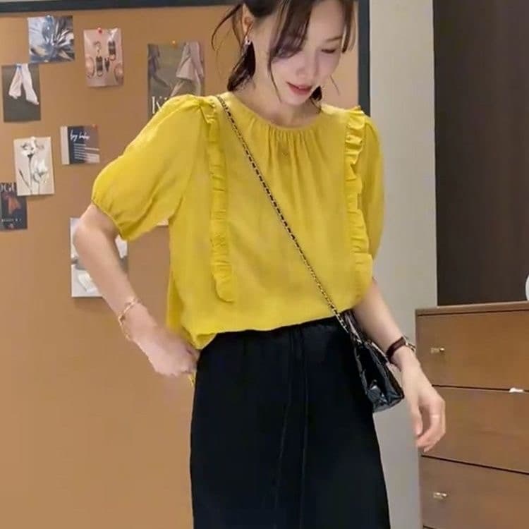 한 부서 달콤함 패션 루즈핏 라운드 넥 레이스업 프릴 반팔 여성 셔츠 2025 여름 슬림해 보이는 맨위 작은 셔츠