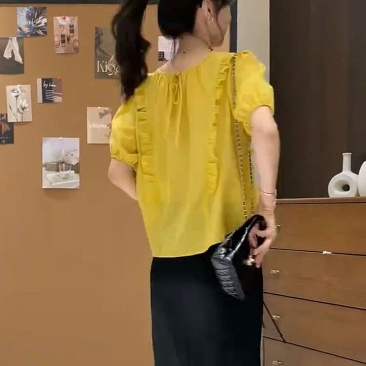 한 부서 달콤함 패션 루즈핏 라운드 넥 레이스업 프릴 반팔 여성 셔츠 2025 여름 슬림해 보이는 맨위 작은 셔츠 이미지 4