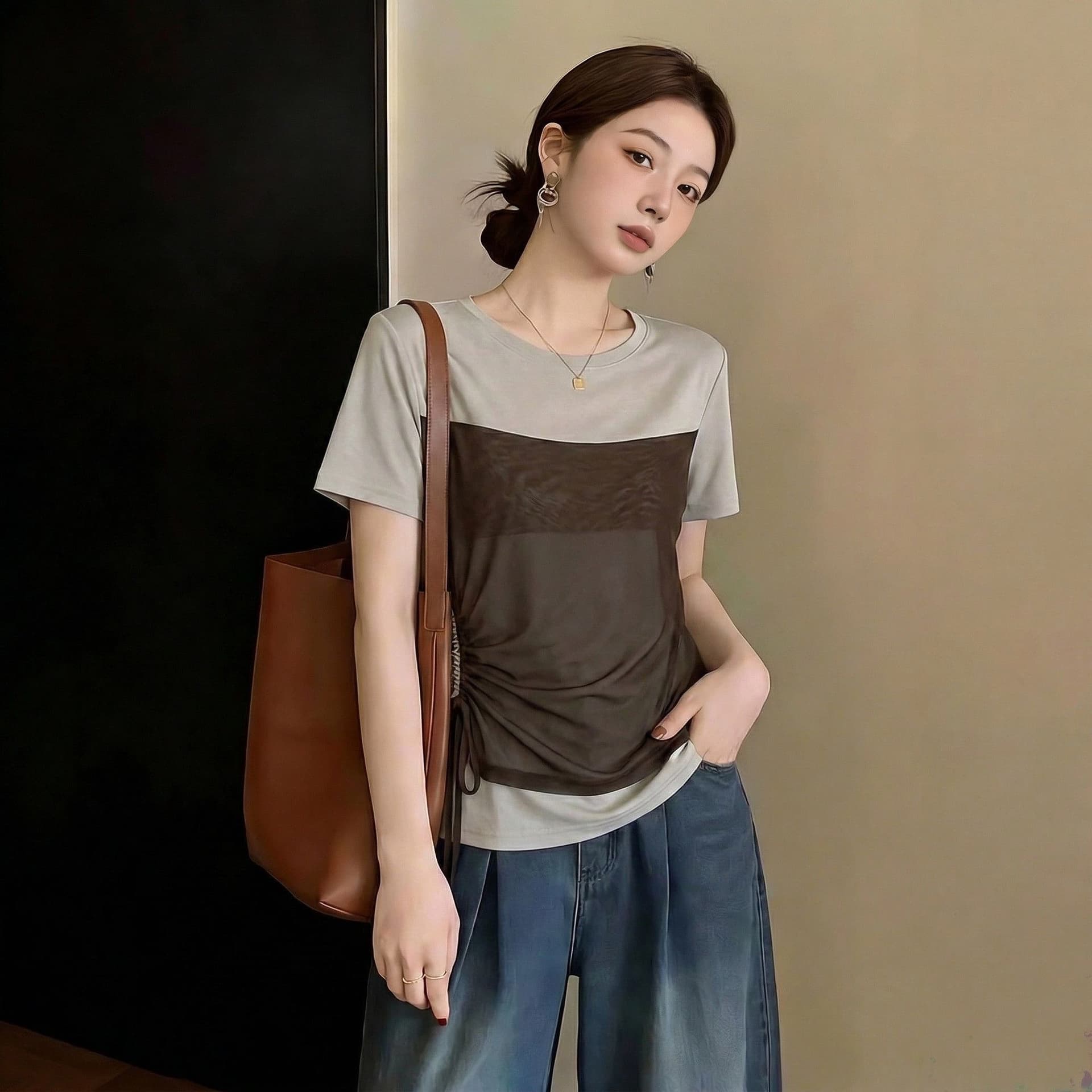 빅 사이즈 여성 의류 망사 패치워크 긍정적 인 어깨 반팔 티셔츠 여성 여름 새로운 지방 mm 고유 한 작은 셔츠 페이크 레이어드 맨위 이미지 3