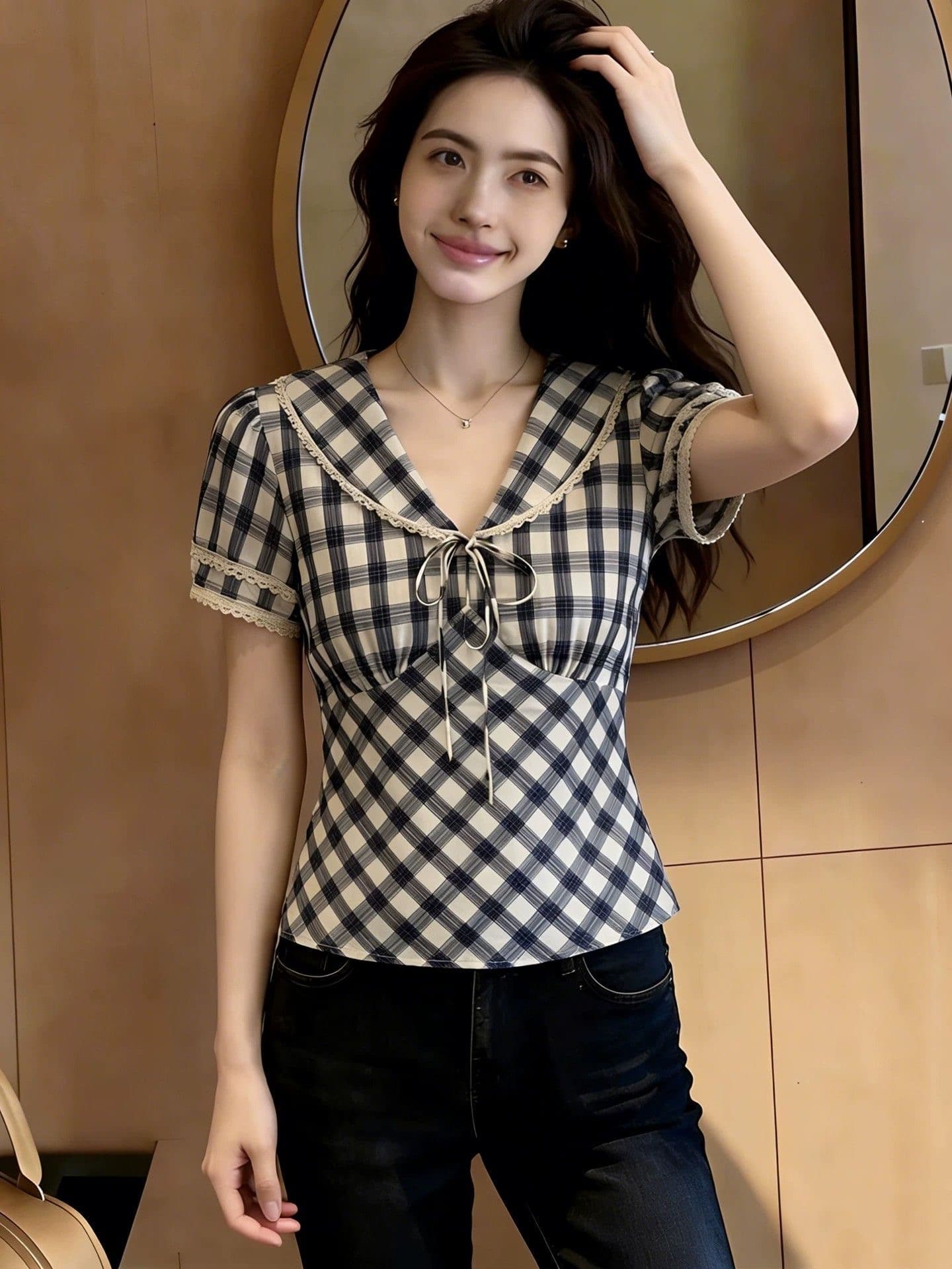 한국 스타일 작은 대중 레트로 해군 칼라 체크무늬 반팔 셔츠 여름 새로운 연령 감소 프랑스식 작은 대중 디자인 맨위 여성 이미지 3
