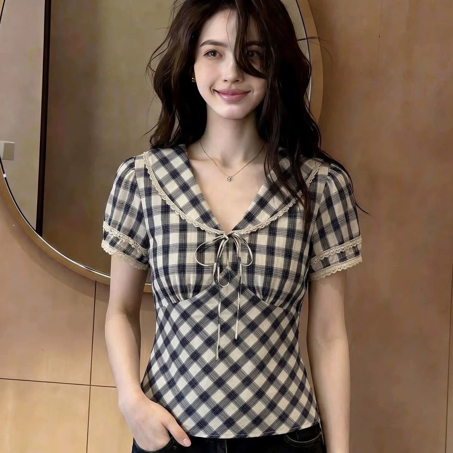한국 스타일 작은 대중 레트로 해군 칼라 체크무늬 반팔 셔츠 여름 새로운 연령 감소 프랑스식 작은 대중 디자인 맨위 여성 이미지 5