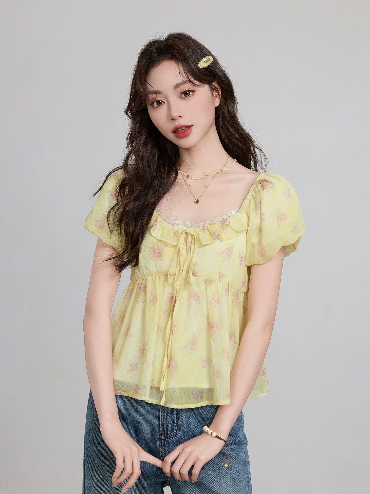 꽃무늬 반팔 셔츠 프랑스식 작은 관리 칼라 쉬폰 차 인사이드 차 가스 Chic 거품 소매 맨위 작은 셔츠 이미지 4