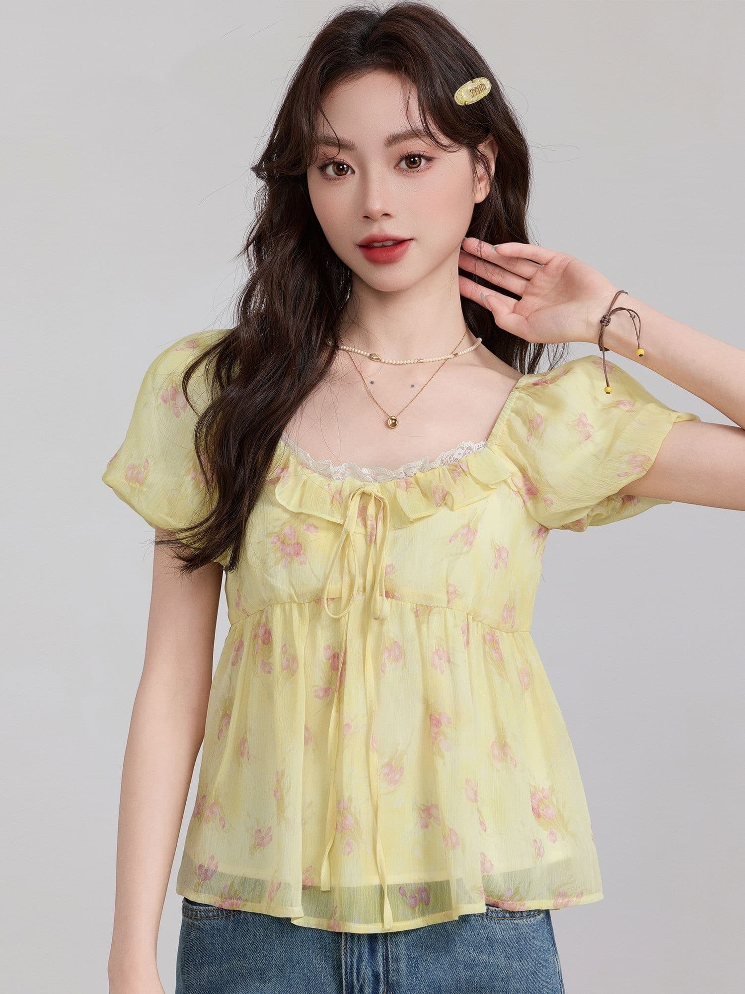 꽃무늬 반팔 셔츠 프랑스식 작은 관리 칼라 쉬폰 차 인사이드 차 가스 Chic 거품 소매 맨위 작은 셔츠 이미지 2