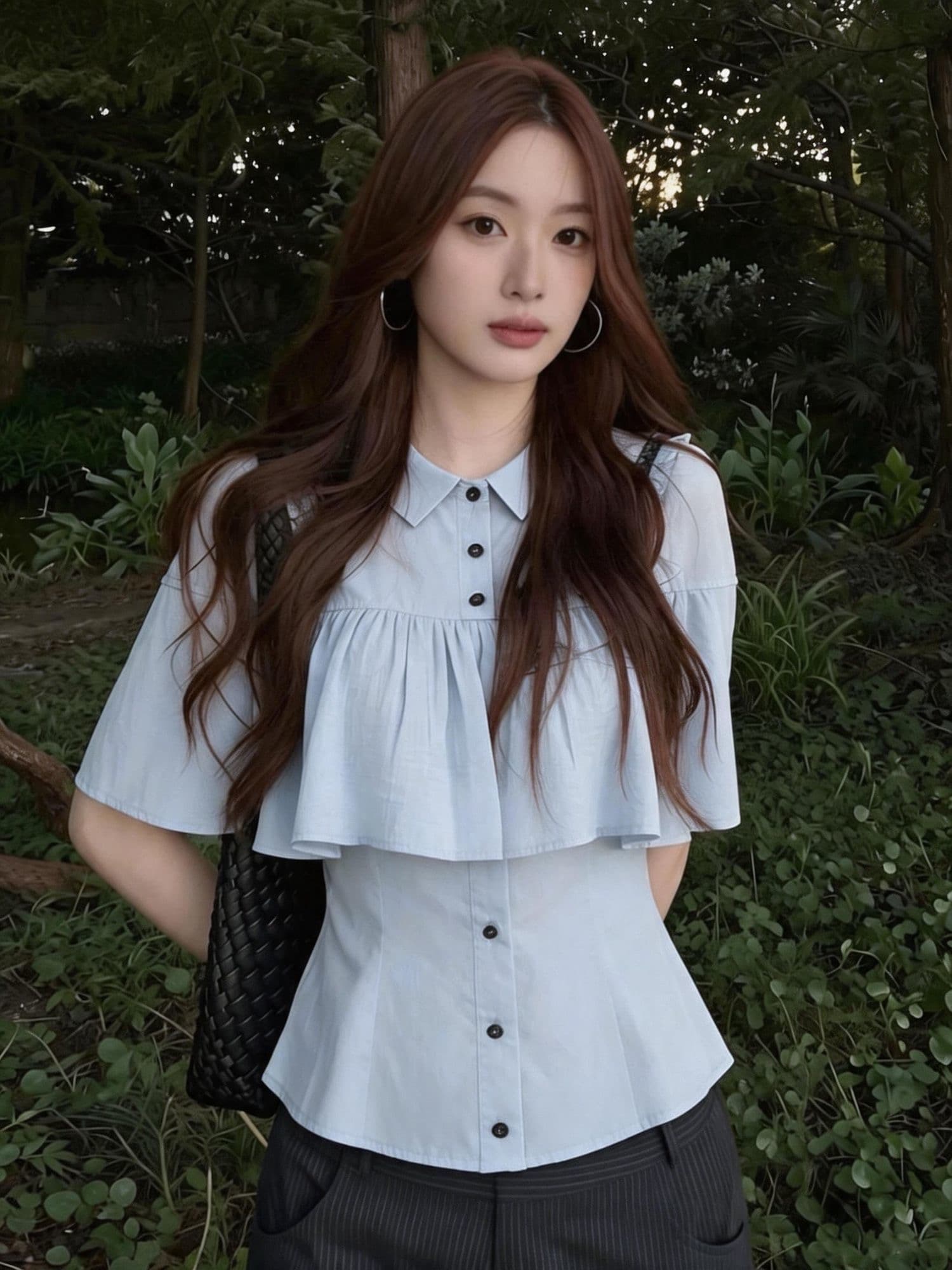한 부서 망토 숄 반팔 여성 셔츠 여름 착용 가져 가라. 파란색 셔츠 허리 수축 슬림해 보이는 고급 센스 품격 맨위 이미지 3