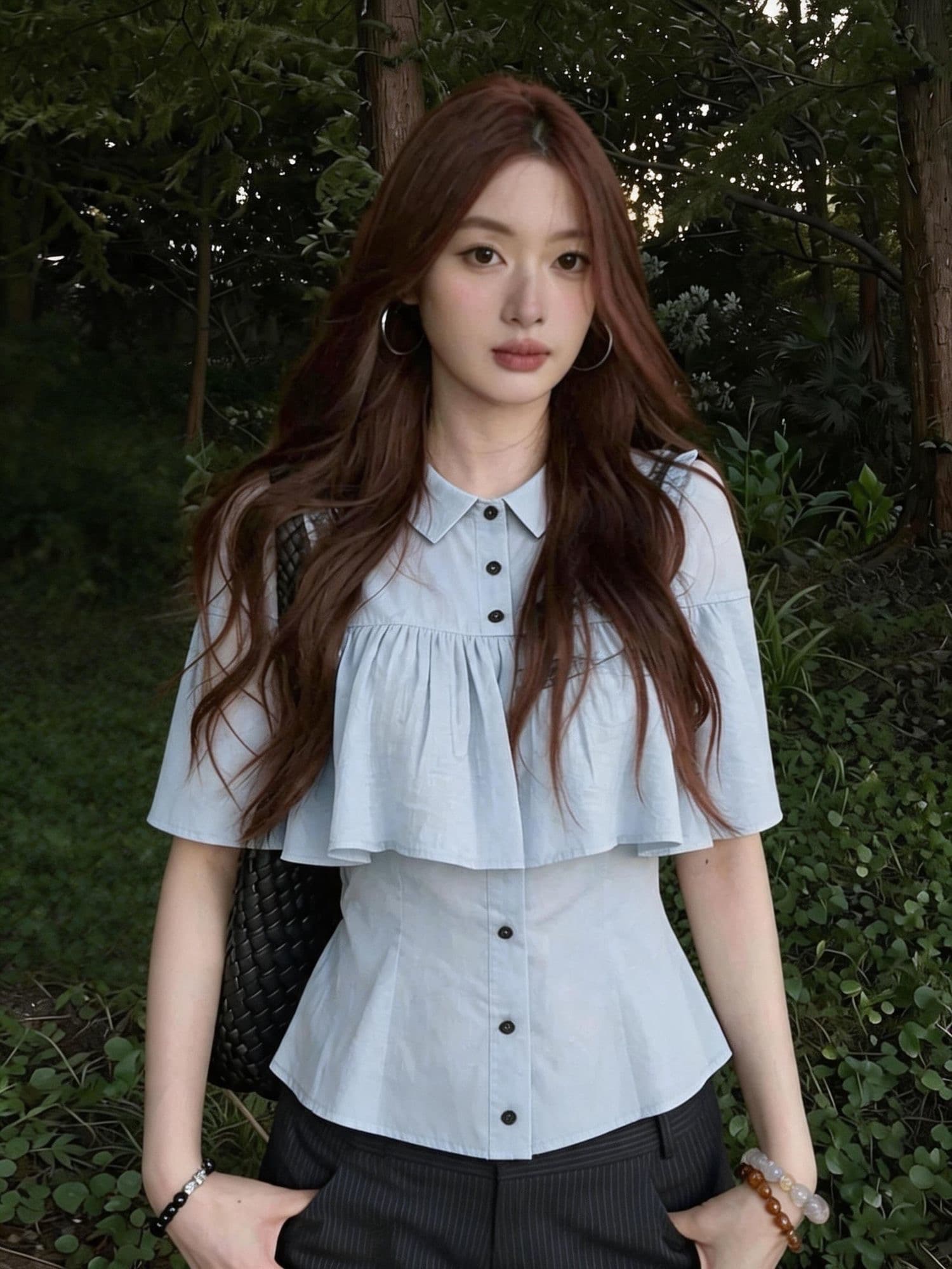 한 부서 망토 숄 반팔 여성 셔츠 여름 착용 가져 가라. 파란색 셔츠 허리 수축 슬림해 보이는 고급 센스 품격 맨위