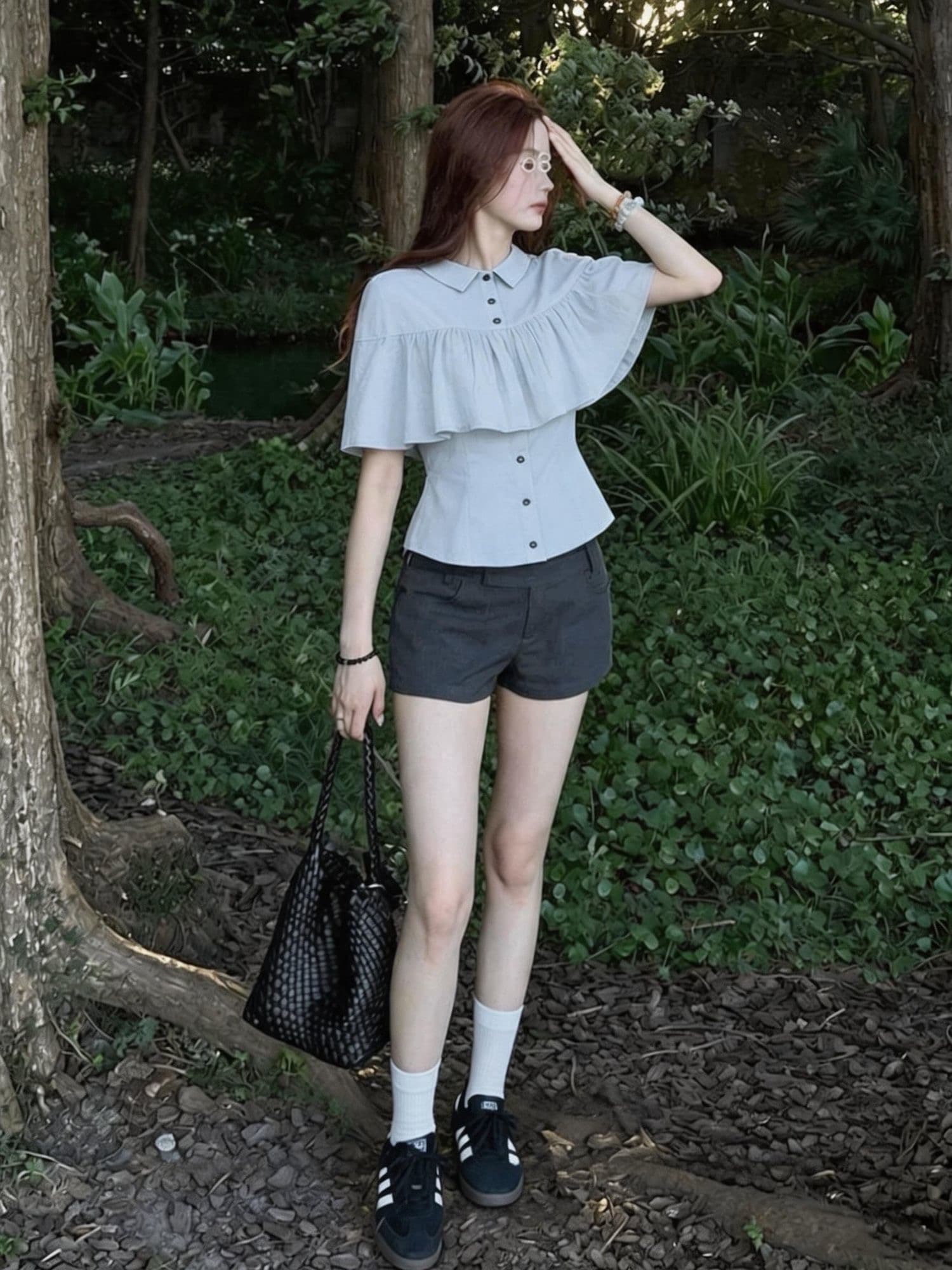 한 부서 망토 숄 반팔 여성 셔츠 여름 착용 가져 가라. 파란색 셔츠 허리 수축 슬림해 보이는 고급 센스 품격 맨위 이미지 4