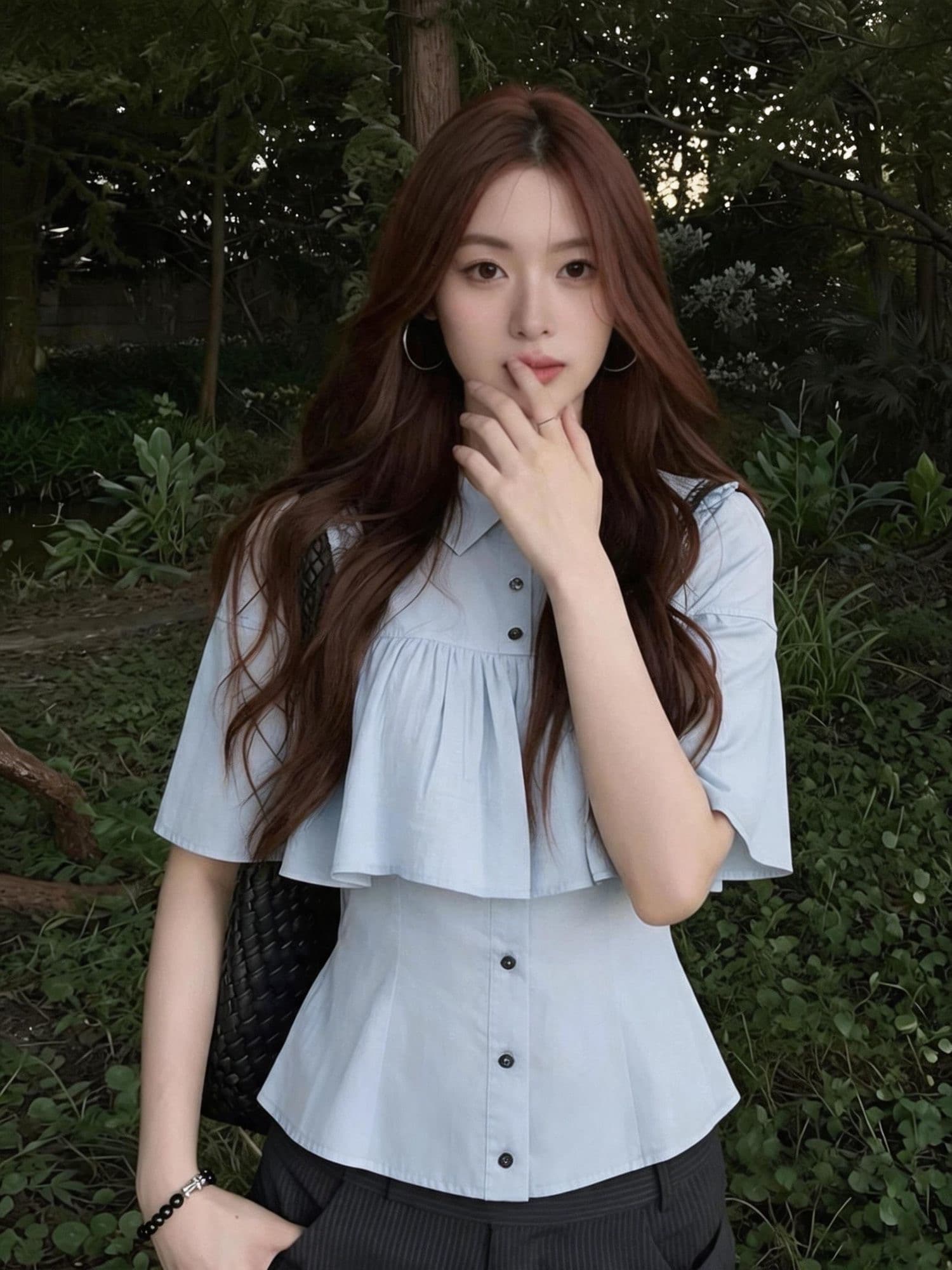 한 부서 망토 숄 반팔 여성 셔츠 여름 착용 가져 가라. 파란색 셔츠 허리 수축 슬림해 보이는 고급 센스 품격 맨위 이미지 2