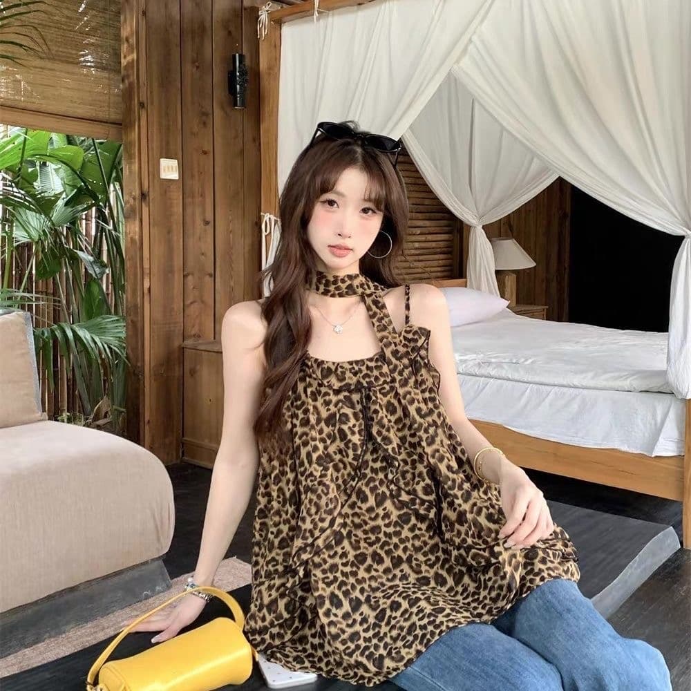 2026 여름 새로운 레트로 루즈핏 패션 핫걸 다용도 느긋한 바람 레오파드 무늬 캐미솔 맨위 여성 chic