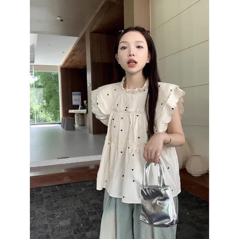 여름 한 부서 Feifei 소매 셔츠 여성 2026 년 새로운 달콤함 하트 프린트 작은 청신 다용도 화이트 셔츠 이미지 2