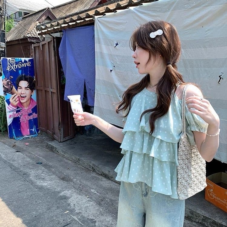 2026 새로운 프랑스식 도트 무늬 행침 목 오프숄더 라운드 넥 반팔 여성 이른 봄 아름다운 맨위 루즈핏 슬림해 보이는 티셔츠 이미지 3