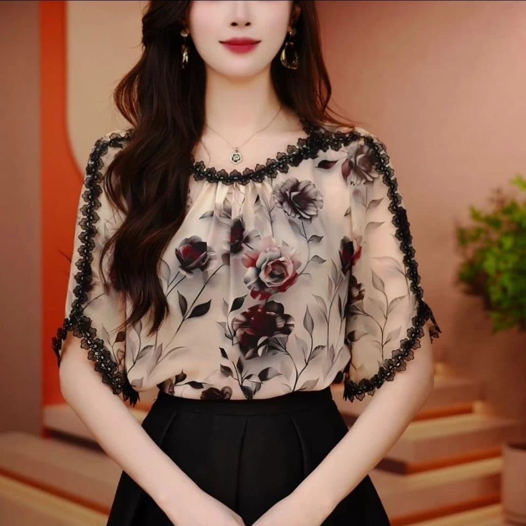 레이스 디자인 프린트 작은 셔츠 2025 봄 여름 연령 감소 새로운 패션 품격 여성 슬림해 보이는 루즈핏 반팔 맨위 이미지 3