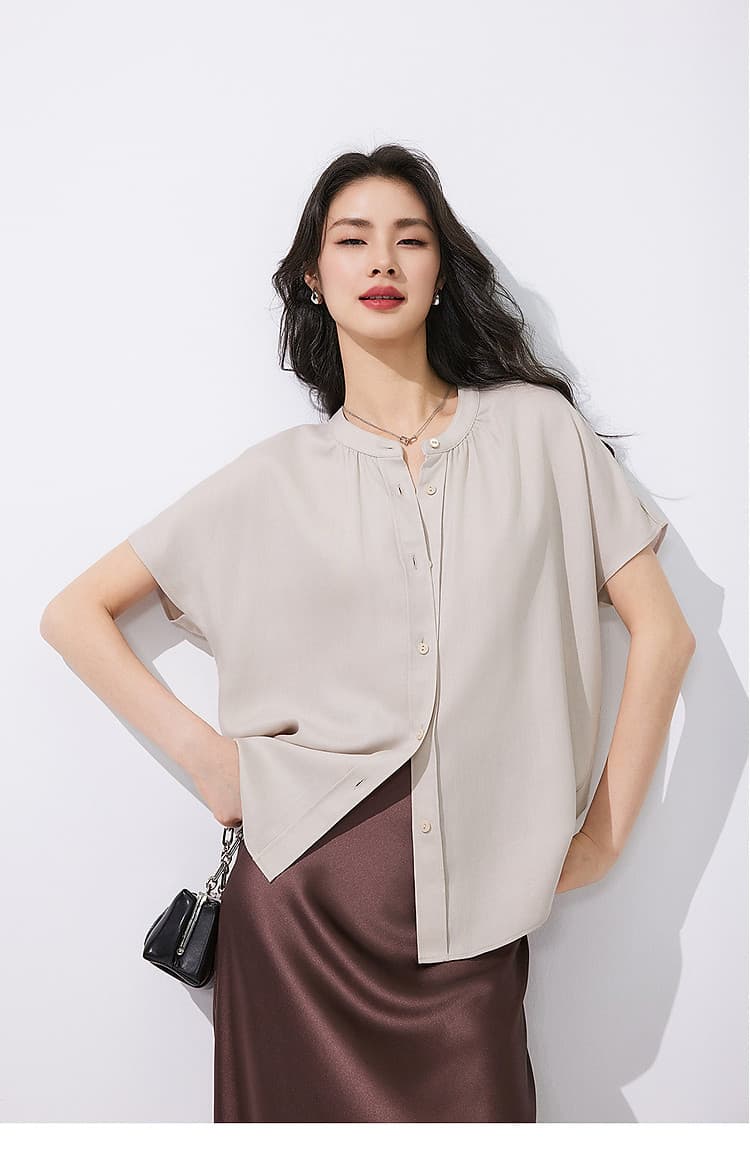 2026 문예 센스 라운드 넥 주간 실크 반팔 여성 셔츠 새로운 루즈핏 심지어 어깨 소매 무거운 작은 셔츠 셔츠 상세 이미지 14