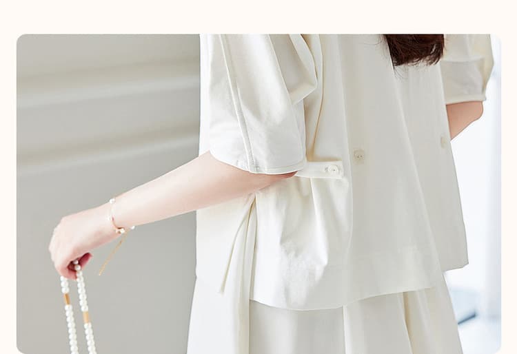 26 미니멀리즘 단추 조정 허리 수축 여성 티셔츠 여름 라운드 넥 5 점 소매 티셔츠 여성 상세 이미지 5