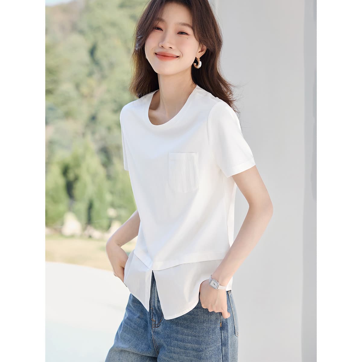 26 빛 캐주얼 디자인 센스 패치워크 루즈핏 라운드 넥 페이크 레이어드 반팔 새로운 블라우스 이미지 3
