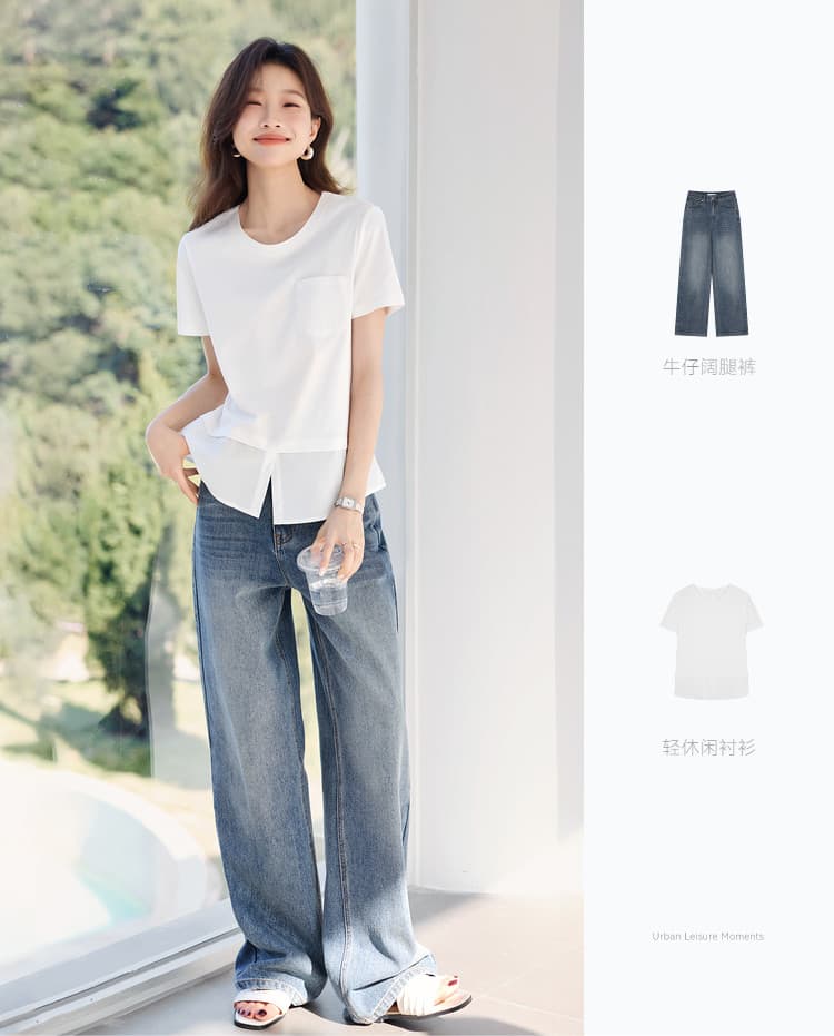 26 빛 캐주얼 디자인 센스 패치워크 루즈핏 라운드 넥 페이크 레이어드 반팔 새로운 블라우스 상세 이미지 7