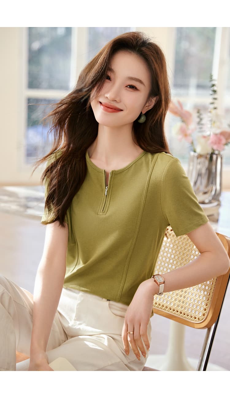 26 지퍼 라운드 넥 반팔 여름 새로운 곡선 밑단 슬림해 보이는 다용도 여성 티셔츠 상세 이미지 9