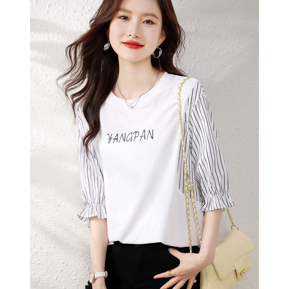 26 패치워크 페이크 레이어드 티셔츠 여름 새로운 연령 감소 품격 줄무늬 슬리브 다용도 여성 티셔츠 이미지 3