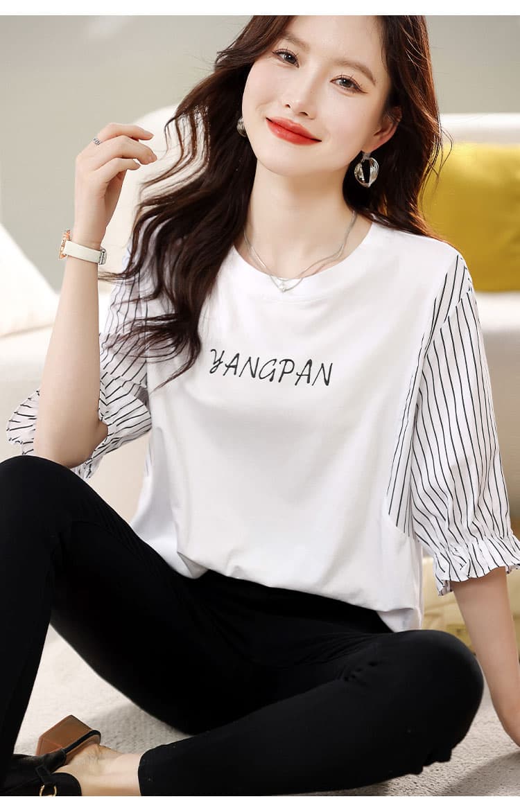 26 패치워크 페이크 레이어드 티셔츠 여름 새로운 연령 감소 품격 줄무늬 슬리브 다용도 여성 티셔츠 상세 이미지 1