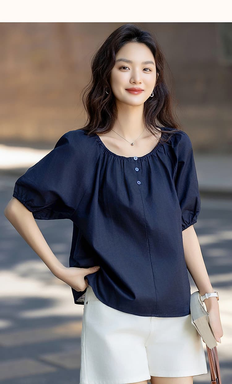 26 참나무 늑골 오프숄더 라운드 넥 둘 착용 여름 가벼움 리넨 면화 혼방 셔츠 품격 셔츠 여성 의류 맨위 상세 이미지 9