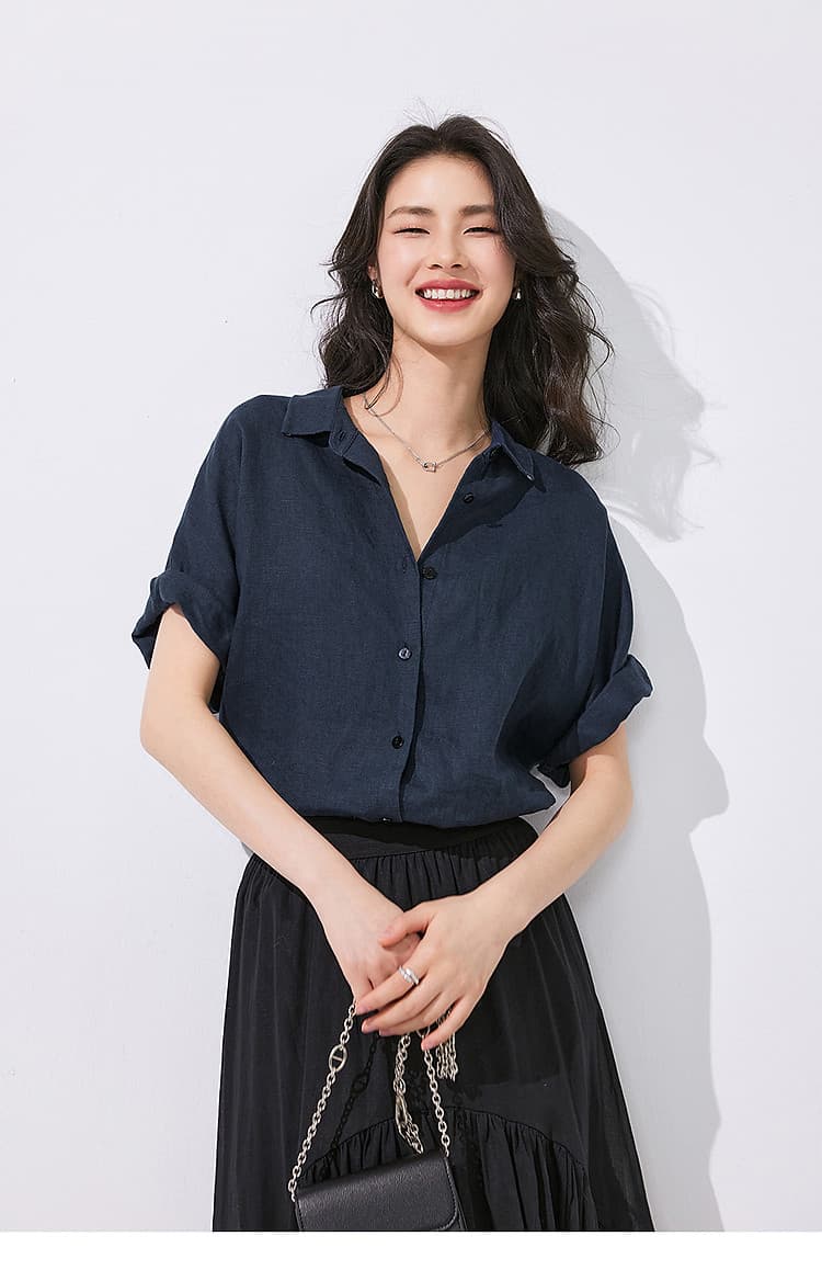 26 무거운 아마 반팔 여성 셔츠 봄 여름 일반 애나들 폴로 칼라 루즈핏 셔츠 슬림해 보이는 상세 이미지 8