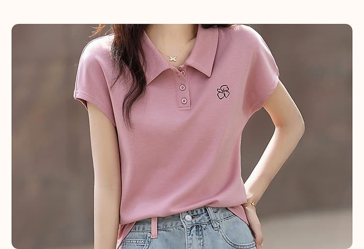 2026 여름 지혜 센스 작은 날다 소매 POLO 칼라 기본 셔츠 꽃 자수 여성 티셔츠 상세 이미지 5