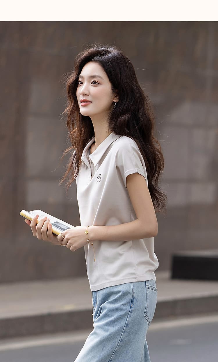 2026 여름 지혜 센스 작은 날다 소매 POLO 칼라 기본 셔츠 꽃 자수 여성 티셔츠 상세 이미지 19