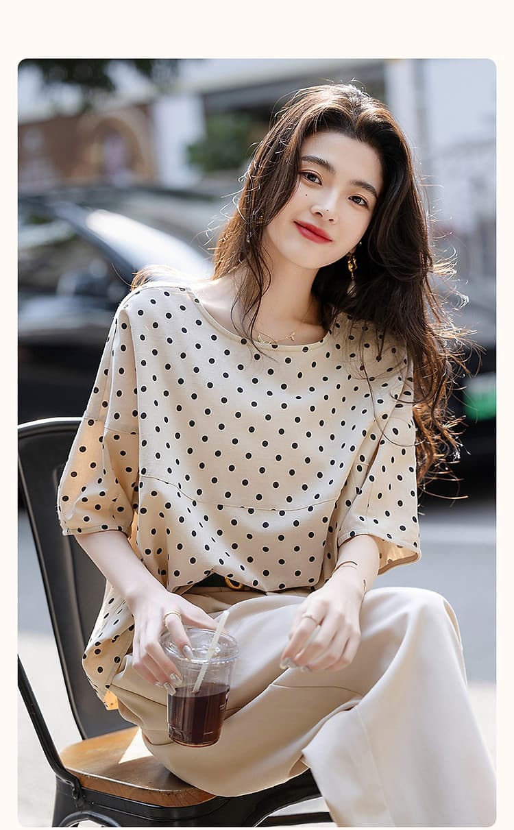 2026 레트로 폴카 여름 구름 면 도트 무늬 프린트 셔츠 심지어 소매 물방울 버클 셔츠 여성 의류 맨위 상세 이미지 3