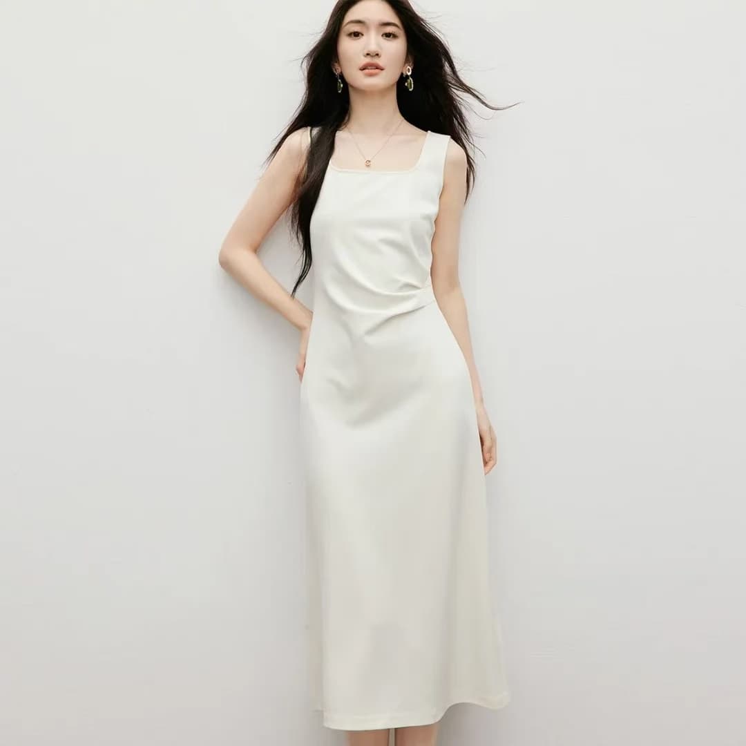 2026 계절 여성 의류 3 차원 플리츠 허리 수축 광장 칼라 풀오버 조끼 원피스 이미지 2