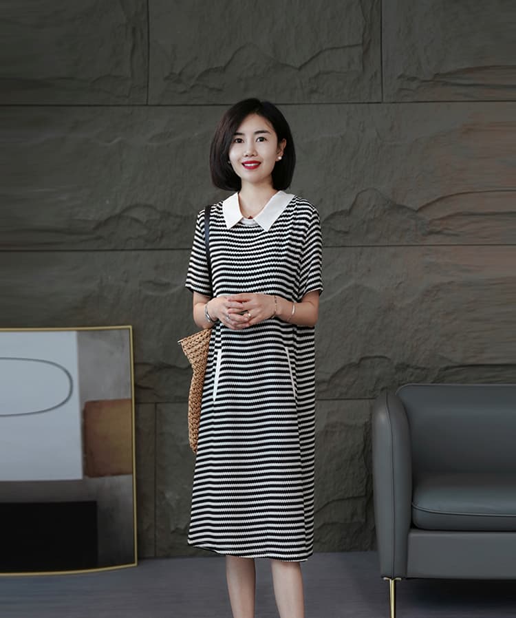 2026 여름 패션 드레스 여성 의류 한국 스타일 슈퍼 슬림해 보이는 드레스 중간 길이 스트라이프 ~을 통해 품격 상세 이미지 4