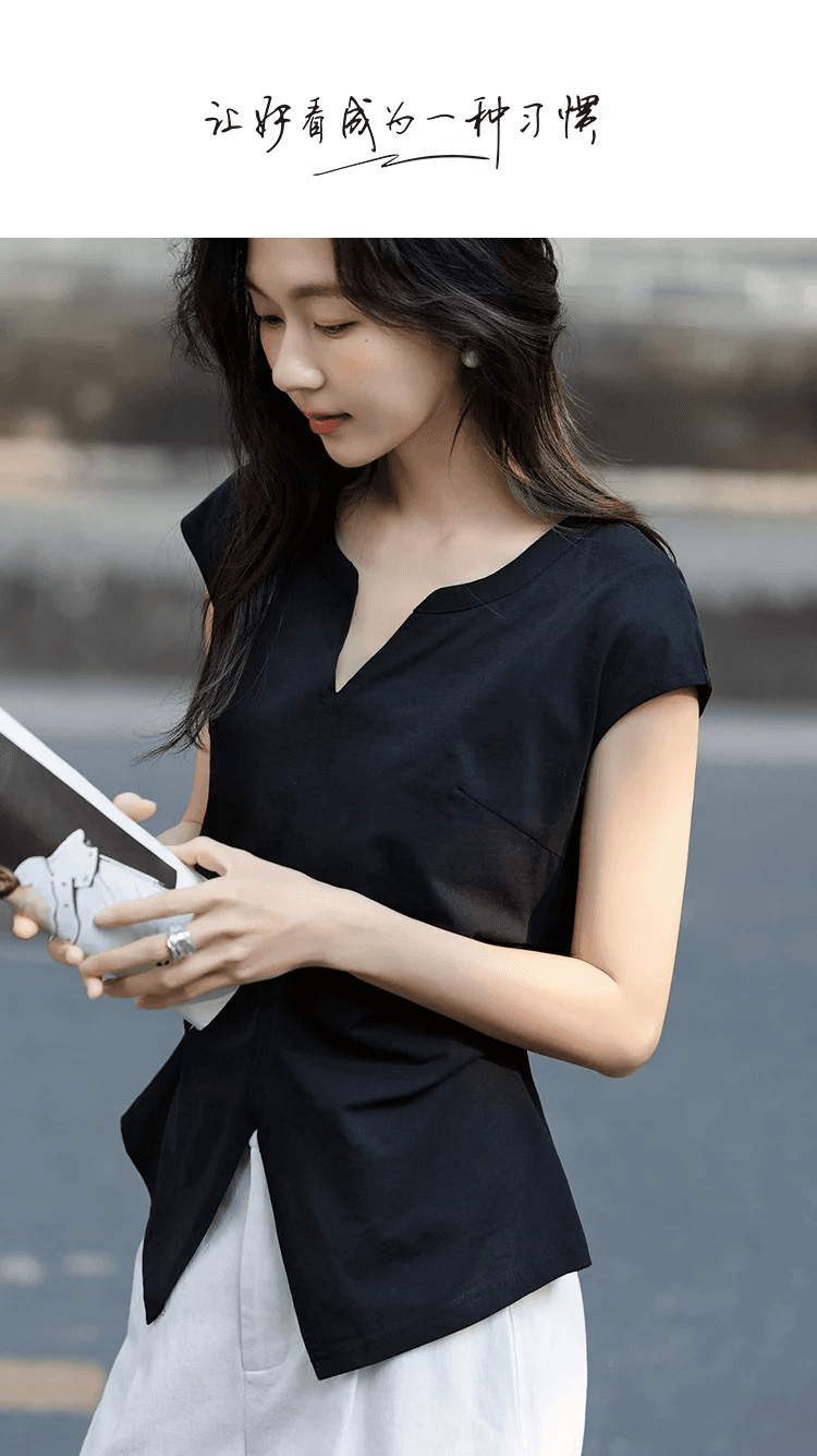 지혜 센스 출퇴근 여름 면 암모니아 V넥 표지 소매 분할 주름 허리 수축 몸매 가꾸기 슬림해 보이는 티셔츠 여성 고급 센스 상세 이미지 1