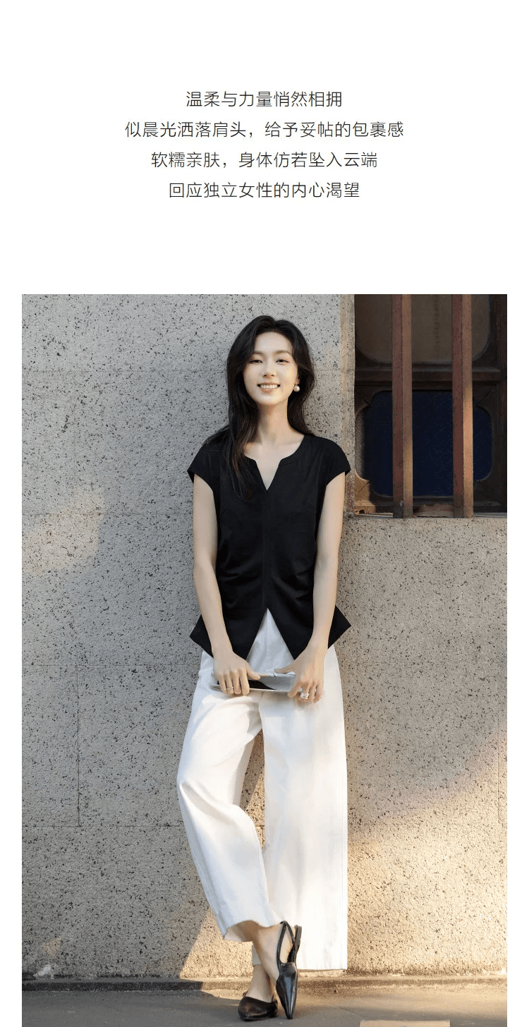 지혜 센스 출퇴근 여름 면 암모니아 V넥 표지 소매 분할 주름 허리 수축 몸매 가꾸기 슬림해 보이는 티셔츠 여성 고급 센스 상세 이미지 6