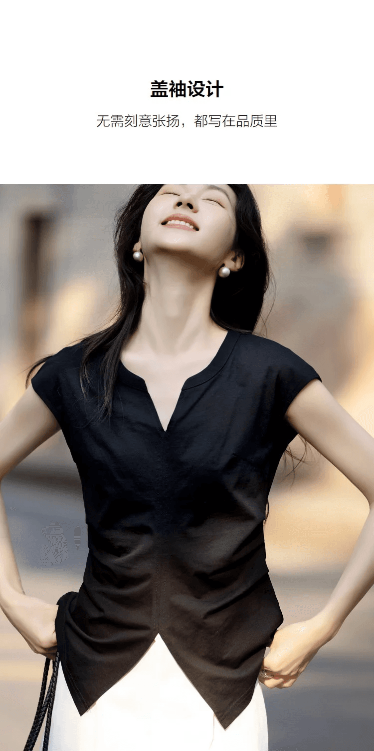 지혜 센스 출퇴근 여름 면 암모니아 V넥 표지 소매 분할 주름 허리 수축 몸매 가꾸기 슬림해 보이는 티셔츠 여성 고급 센스 상세 이미지 7