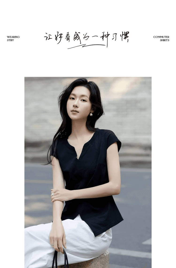 지혜 센스 출퇴근 여름 면 암모니아 V넥 표지 소매 분할 주름 허리 수축 몸매 가꾸기 슬림해 보이는 티셔츠 여성 고급 센스 상세 이미지 10