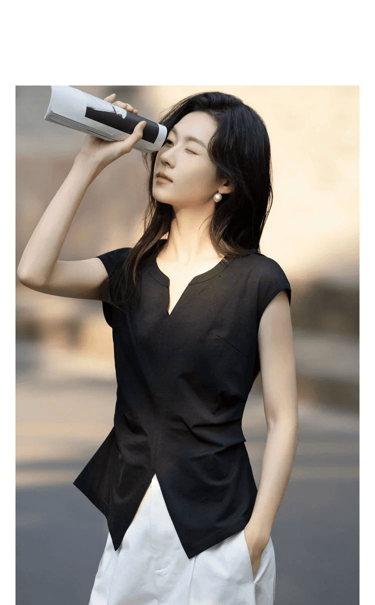 지혜 센스 출퇴근 여름 면 암모니아 V넥 표지 소매 분할 주름 허리 수축 몸매 가꾸기 슬림해 보이는 티셔츠 여성 고급 센스 상세 이미지 11