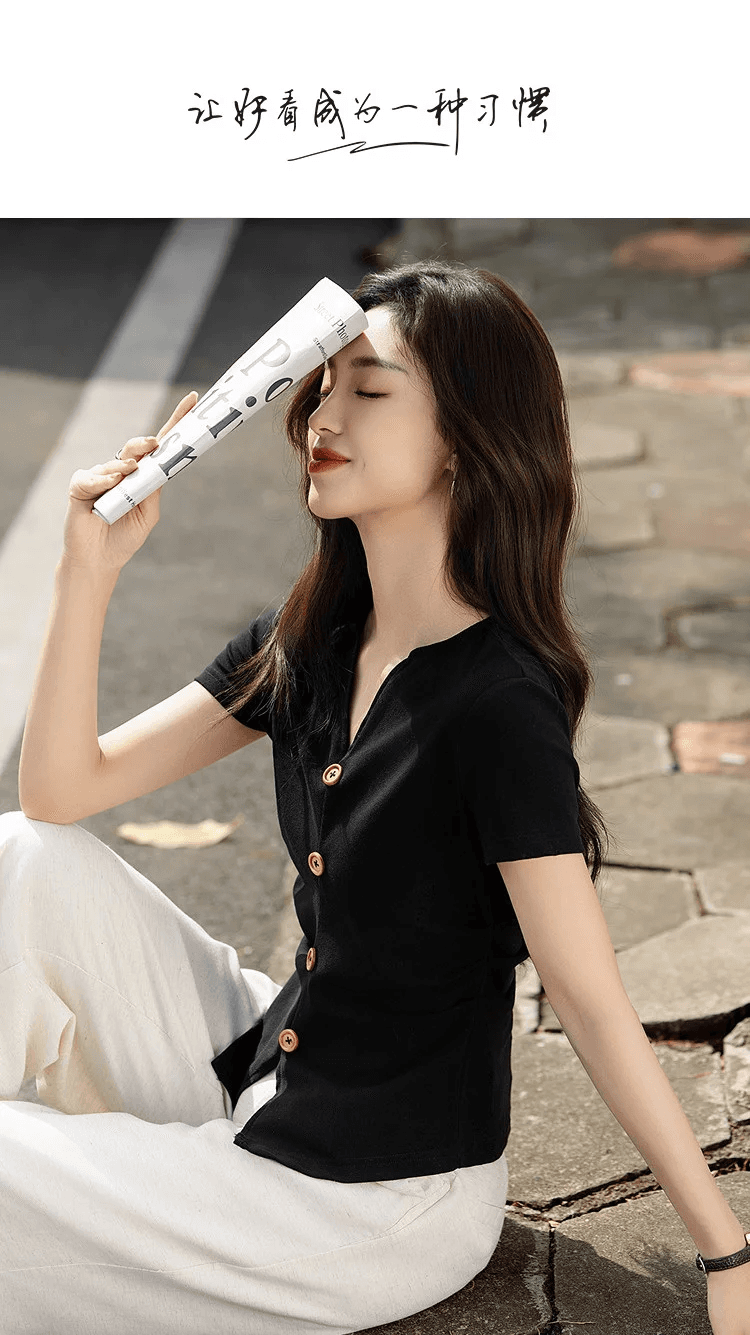 품격 사명 애완 동물 여름 한 부서 면 암모니아 V넥 반팔 트임 슬림해 보이는 숨기기 고기 부드러운 찹쌀 프로 피부 티셔츠 여성 상세 이미지 1