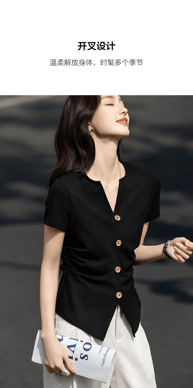 품격 사명 애완 동물 여름 한 부서 면 암모니아 V넥 반팔 트임 슬림해 보이는 숨기기 고기 부드러운 찹쌀 프로 피부 티셔츠 여성 상세 이미지 7