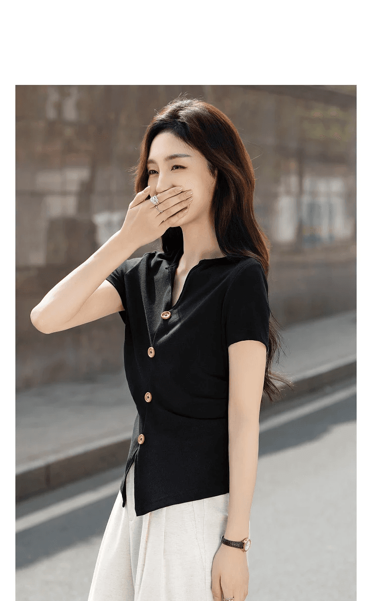 품격 사명 애완 동물 여름 한 부서 면 암모니아 V넥 반팔 트임 슬림해 보이는 숨기기 고기 부드러운 찹쌀 프로 피부 티셔츠 여성 상세 이미지 11